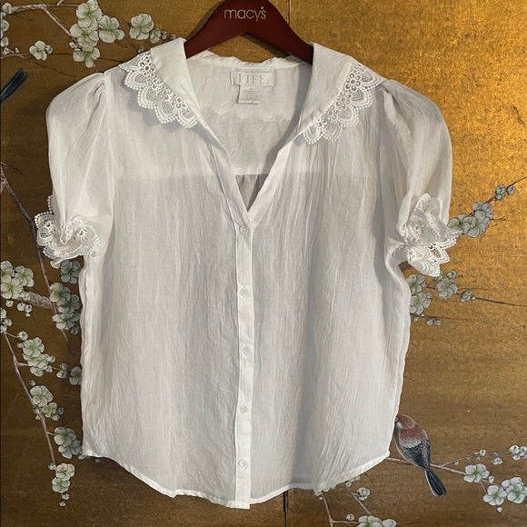 Doen & Sezane style button down blouse with white cotton lace detail. LIFE BRAND - Picture 1 of 13
